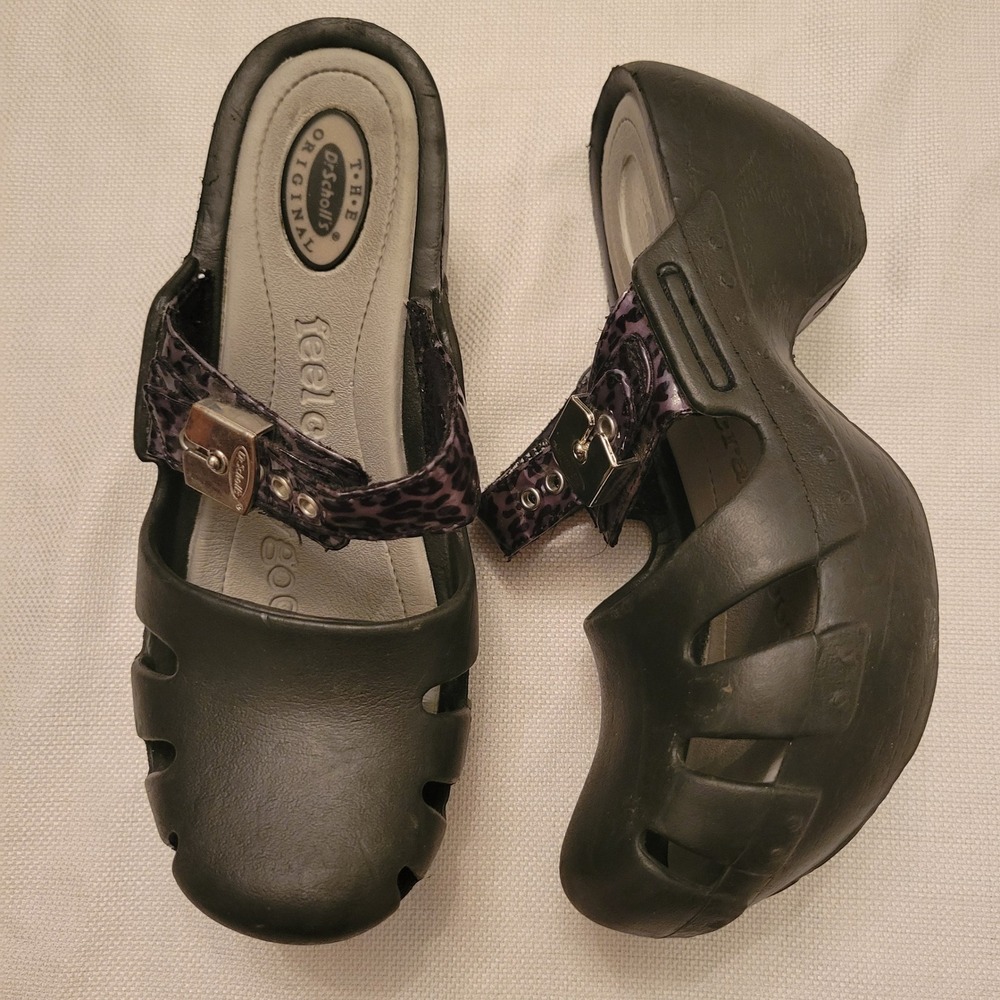Dr Scholls 7M Clogs Black Leopard Print Platform DANCE ON Shoes Chunky 90s Y2K